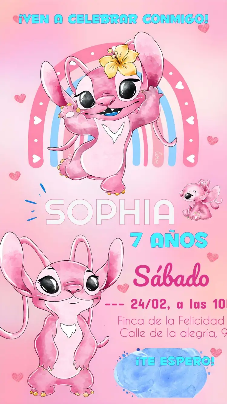 Invitación Invitación Angel Stitch Acuarela Infantil – tema Más buscados acuarela, colorido, infantil, divertido, tropical, temático