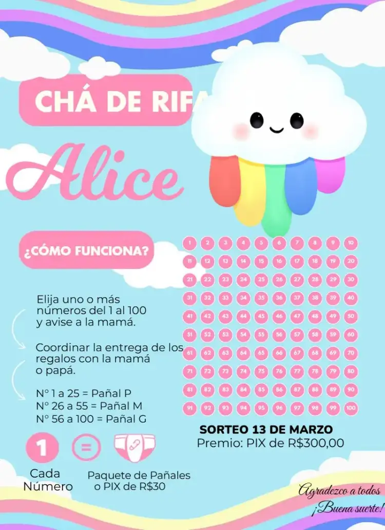 Invitación Lluvia de Amor Nubecita – tema Té Rifa sutil, colorido, infantil, naturaleza, lúdico, feliz