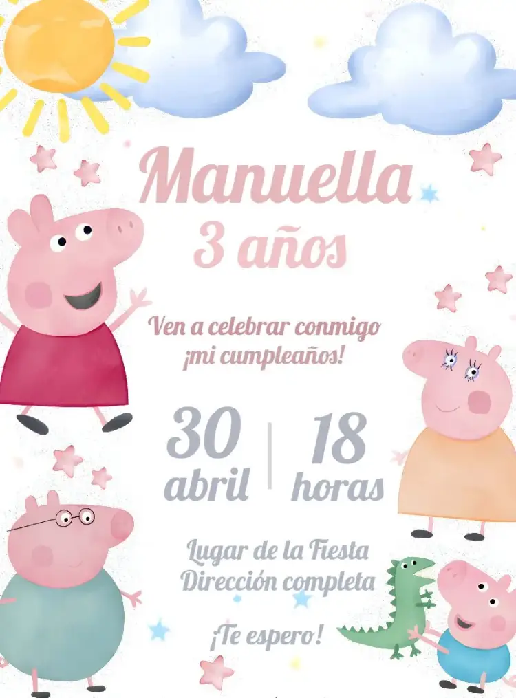 Invitación Peppa Pig George – tema Más buscados colores vibrantes, ilustraciones lúdicas, estilo infantil, elementos gráficos de Peppa, diseño divertido, temática rosa