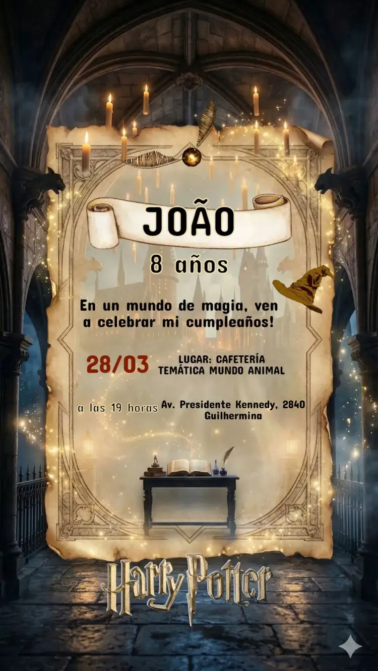 Invitación Invitación Cumpleaños Infantil Harry Potter – tema Cumpleaños Infantil mágico, fantasía, brujería, vintage, colorido, ilustraciones encantadoras