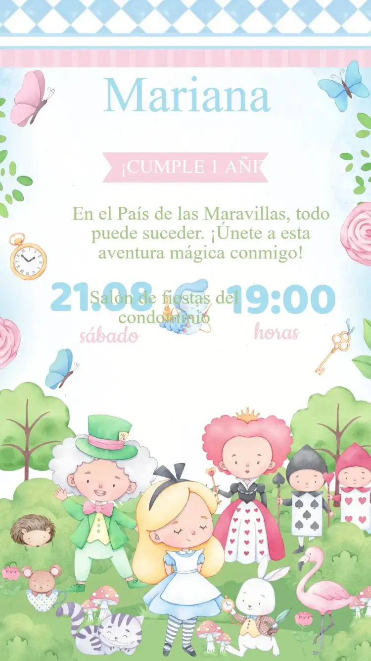 Invitación Invitación Cumpleaños Alicia en el País de las Maravillas editable y personalizable