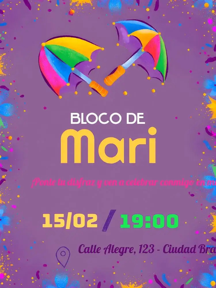 Invitación Bloco De Carnaval Baile – tema Fechas Conmemorativas colorido, festivo, jocoso, tropical, divertido