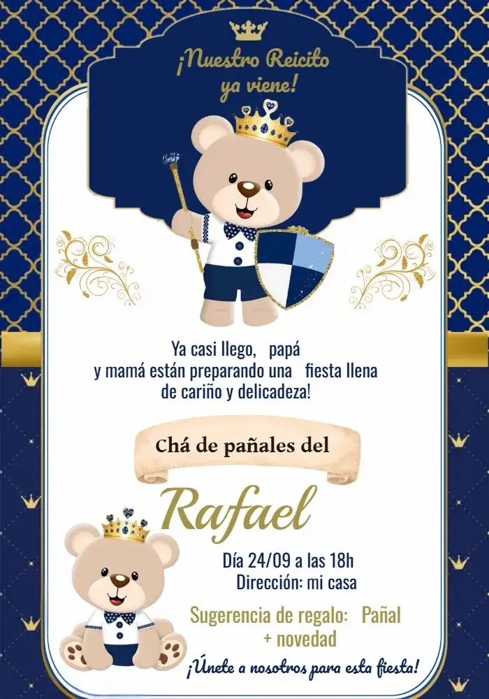 Invitación Chá De Pañales Osito Príncipe Blanco – tema Baby Shower realeza, azul marino, dorado, blanco, osito, aeronauta
