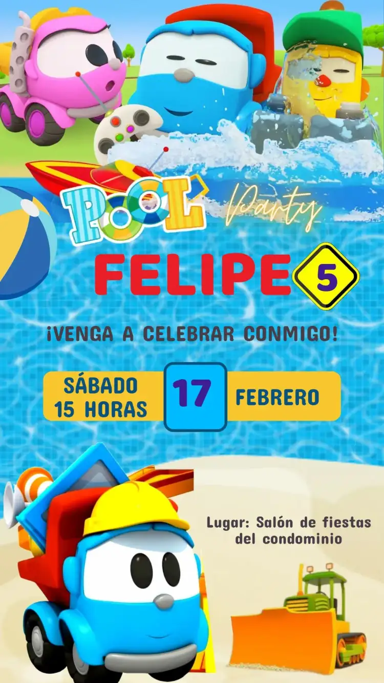 Invitación Invitación Cumpleaños Leo el Camión – tema Cumpleaños Infantil colorido, divertido, camiones, elementos de construcción, infantil, moderno