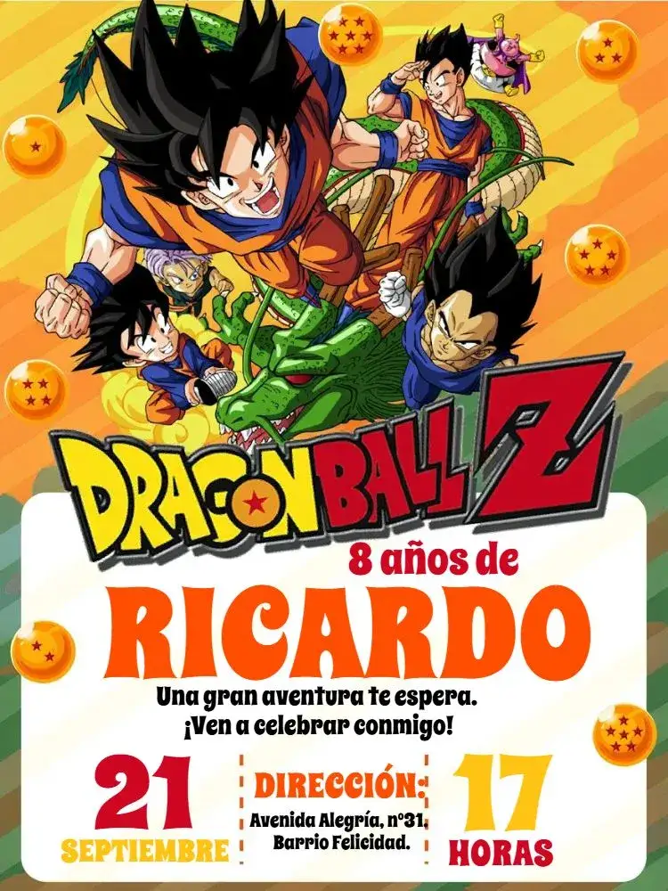 Invitación Dragon Ball Z Goku Amarillo – tema Más buscados amarillo vibrante, anime, temática de aventura, personajes de dibujos animados, estilo moderno, elementos gráficos de acción