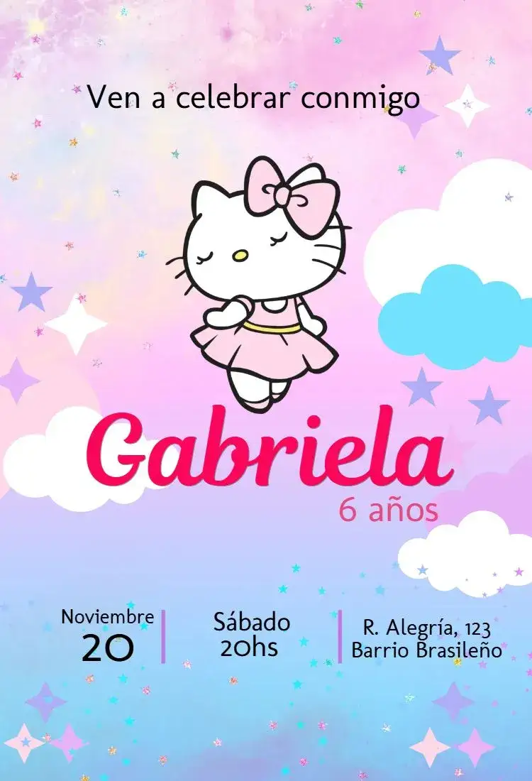 Invitación Hello Kitty Bailarina – tema Cumpleaños Infantil rosa, bailarina, fiesta infantil, divertido, colorido, temático