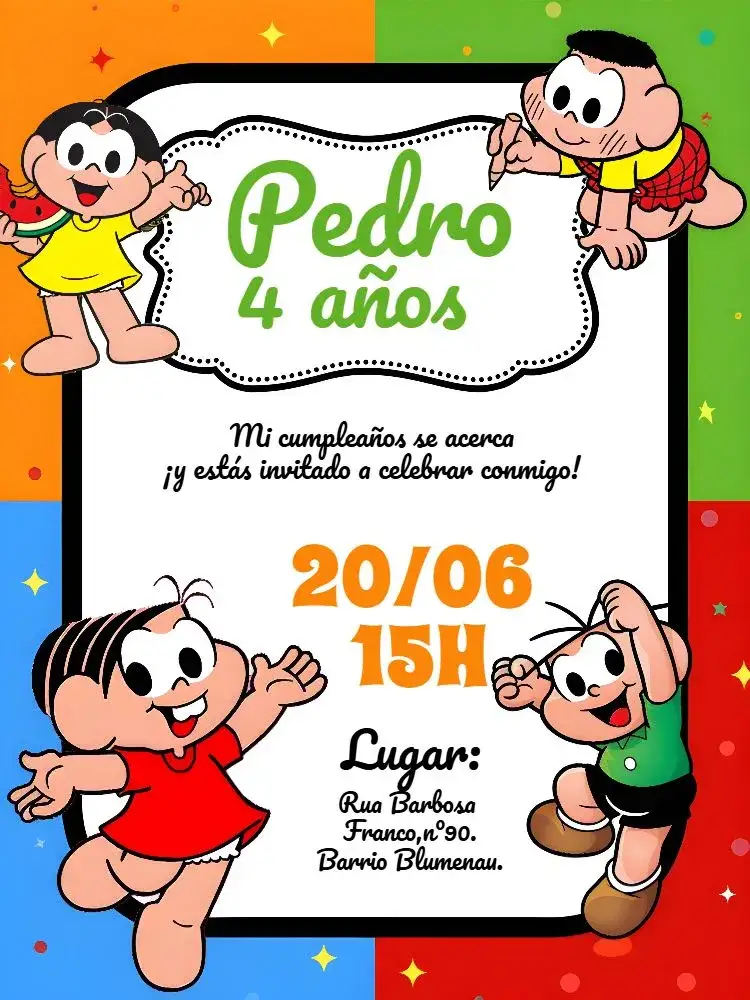 Invitación Turma De La Mónica Rojo – tema Cumpleaños Infantil colorido, divertido, infantil, festivo, ilustraciones de personajes