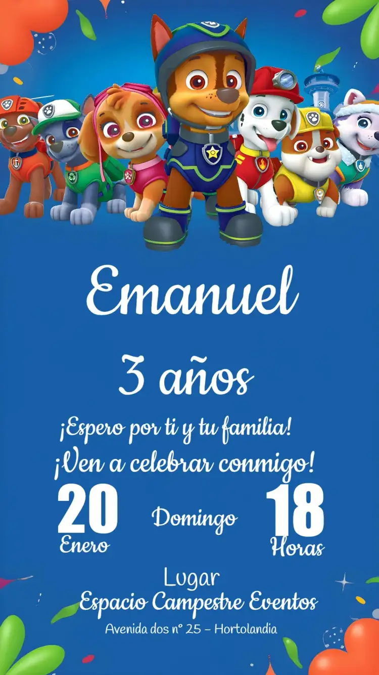 Invitación Patrulla Canina Infantil – tema Cumpleaños Infantil divertido, colorido, infantil, temático, brincalhão, animado
