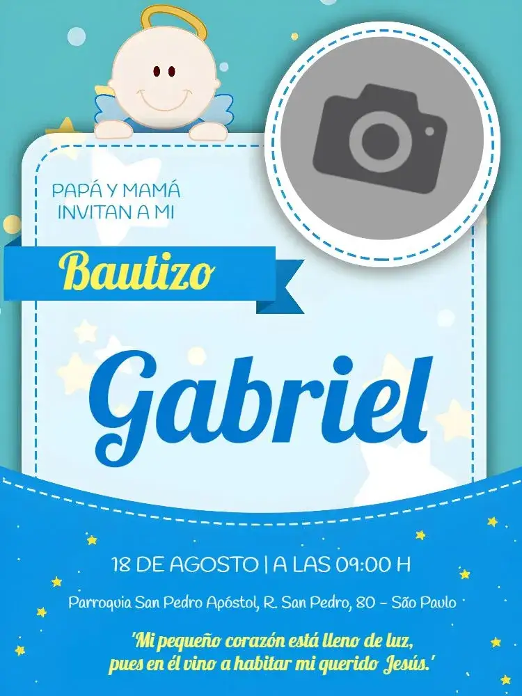 Invitación Bautizo Con Foto Iglesia – tema Bautismo azul claro, ángeles, minimalista, infantil, elegante