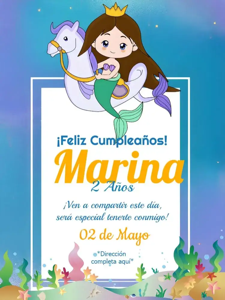 Invitación Sirena Online – tema Más buscados azul marino, colorido, lúdico, fantasía, tropical, brillante
