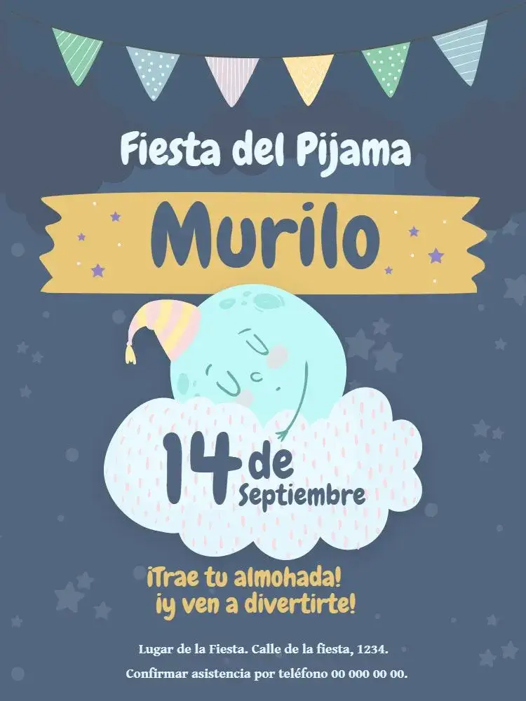 Invitación Fiesta Del Pijama Luna – tema Cumpleaños noche estrellada, colores suaves, elementos infantiles, ilustraciones lúdicas, diseño delicado