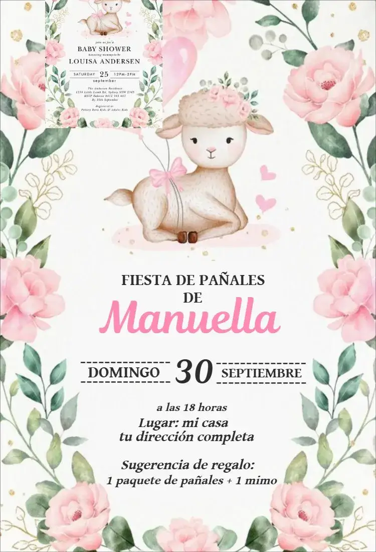 Invitación Baby Shower Oveja Niña – tema Baby Shower acuarela, rosa, floral, delicado, infantil, cariñoso