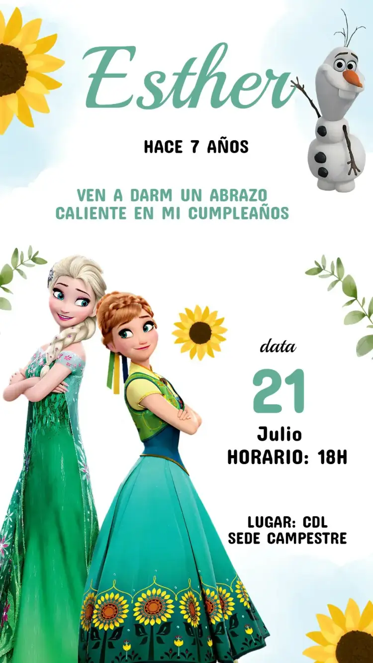 Invitación Invitación Princesas Frozen Infantil - Editable y Personalizado – tema Cumpleaños Infantil azul frío, blanco nieve, brillo plateado, elementos de hielo, estilo Disney, toques mágicos