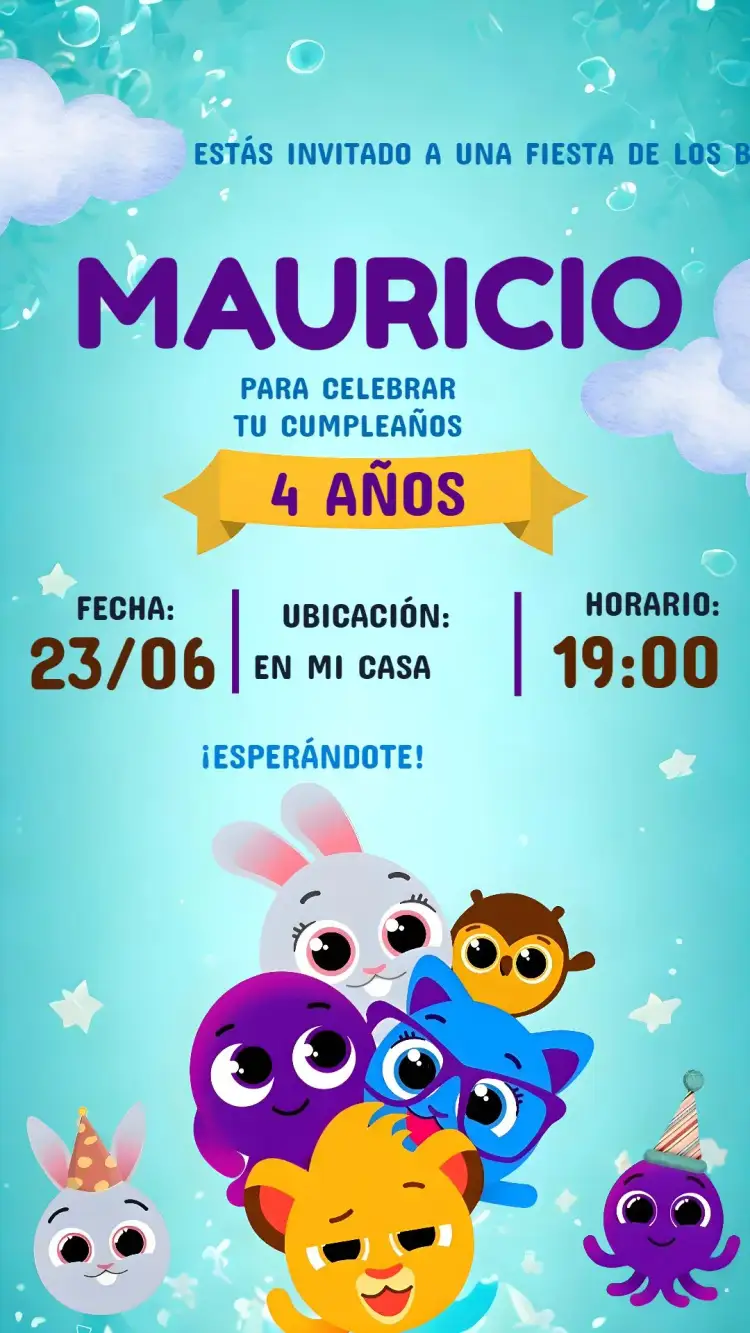Invitación Bolofofos – tema Cumpleaños Infantil morado, lila, divertido, colorido, infantil