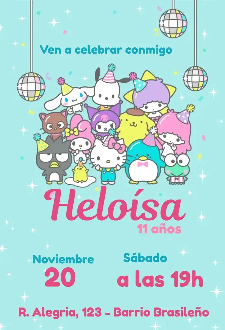 Invitación Hello Kitty – tema Cumpleaños Infantil colores pastel, divertido, ilustraciones adorables, tema de amistad, estilo de dibujos animados