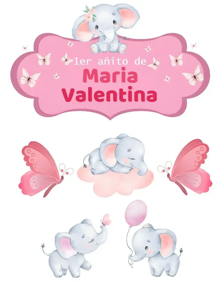 Invitación Topo De Pastel Elefante Niña Topper – tema Topper de torta rosa, acuarela, infantil, animales, lúdico