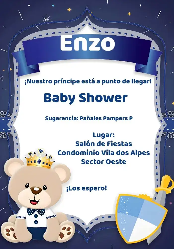 Invitación Baby Shower Oso Príncipe Blanco – tema Baby Shower azul claro, blanco, oso de peluche, príncipe, ilustración lúdica, estilo elegante