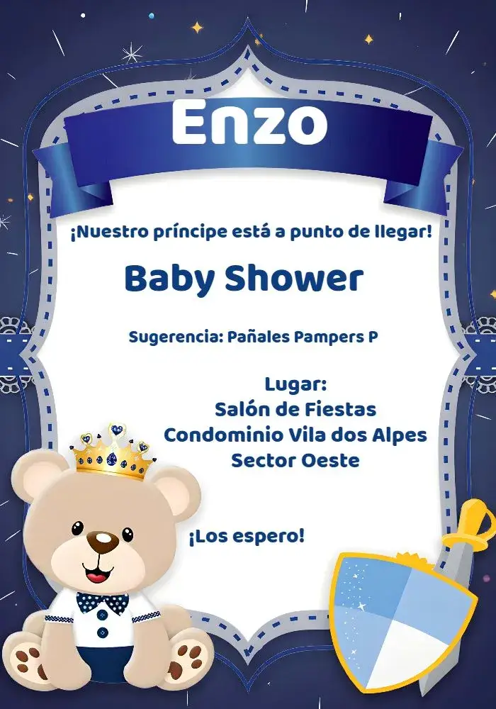 Invitación Baby Shower Oso Príncipe Blanco