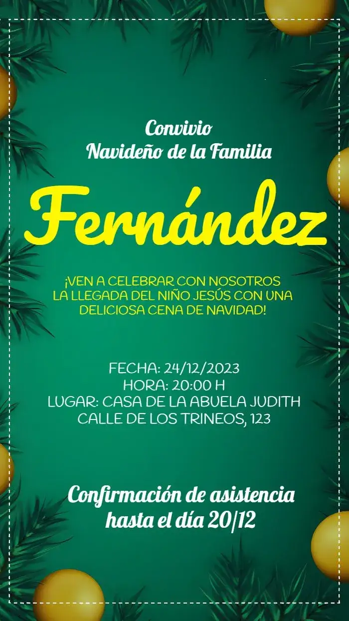Invitación Celebración Navideña Amarillo – tema Fechas Conmemorativas amarillo, dorado, verde, navideño, festivo, clásico