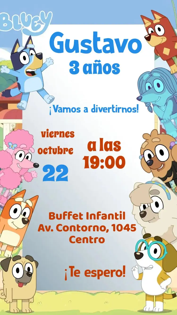 Invitación Bluey – tema Cumpleaños Infantil colorido, divertido, infantil, temática de desenhos, alegre, estilo cartoon