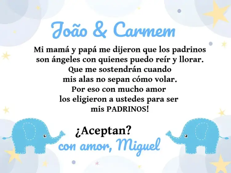 Invitación Padrinos De Bautismo Elefantito Niño – tema Bautismo lindo, infantil, azul, blanco, animales, moderno