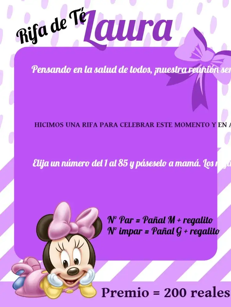 Invitación Chá Rifa Minnie Mouse Baby Lilás – tema Té Rifa lila, blanco, rosa, negro, divertido, temático