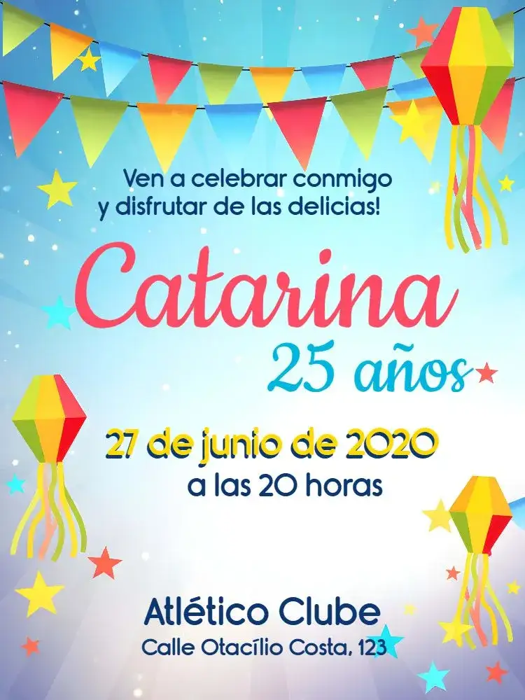 Invitación Fiesta Junina Arraiá Bandeirinha – tema Fechas Conmemorativas colorido, caipira, vintage, tradicional, festivo