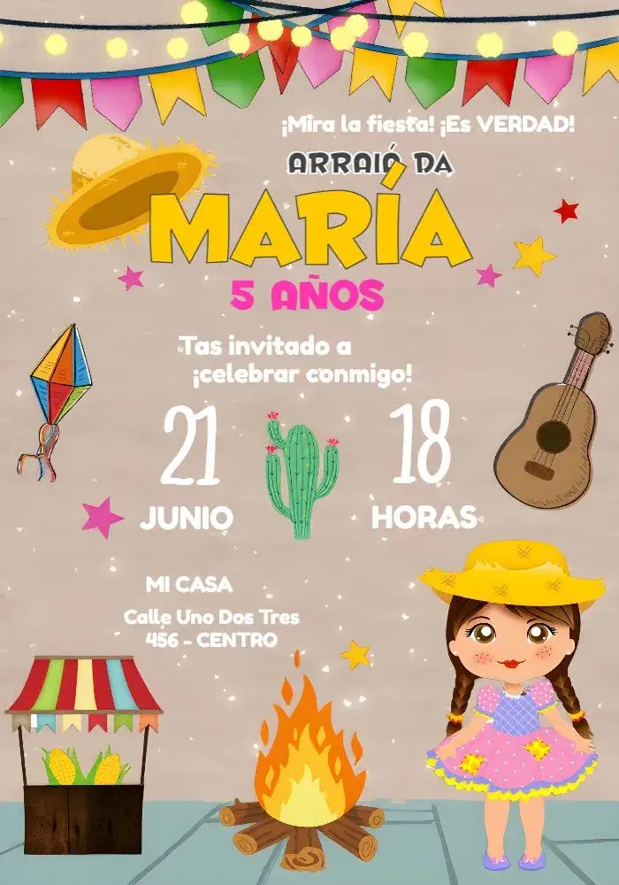 Invitación Arraiá Menina – tema Fechas Conmemorativas rosa, junino, vibrante, divertido, folclórico, colorido