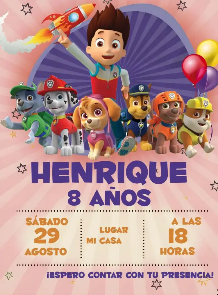 Invitación Patrulla Canina Naranja – tema Cumpleaños Infantil colorido, divertido, infantil, moderno, temático