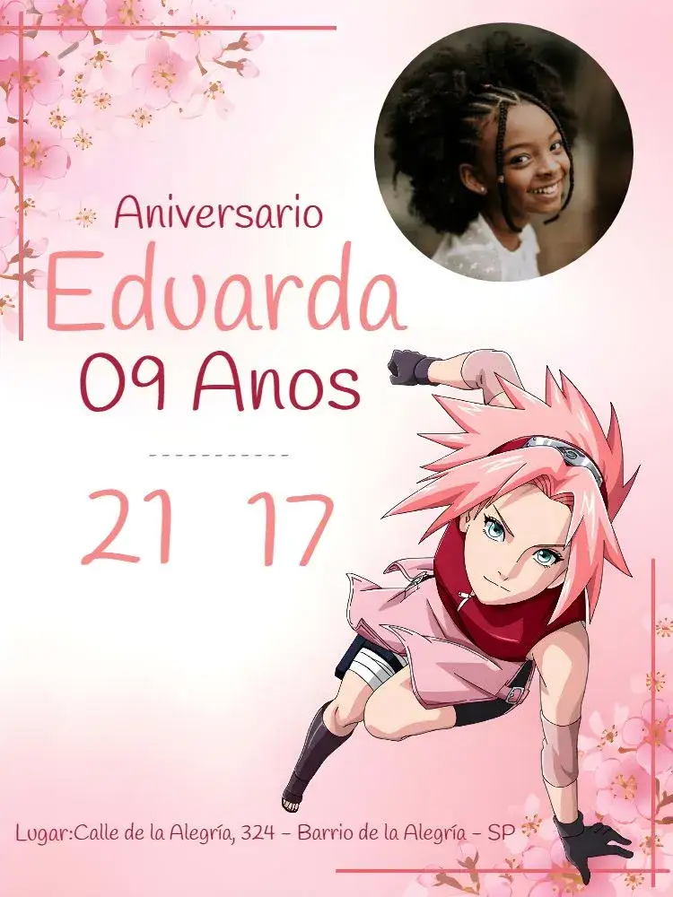 Invitación Sakura Con Foto Naruto – tema Cumpleaños Infantil animado, delicado, tonos suaves, moderno, divertido, personalizado