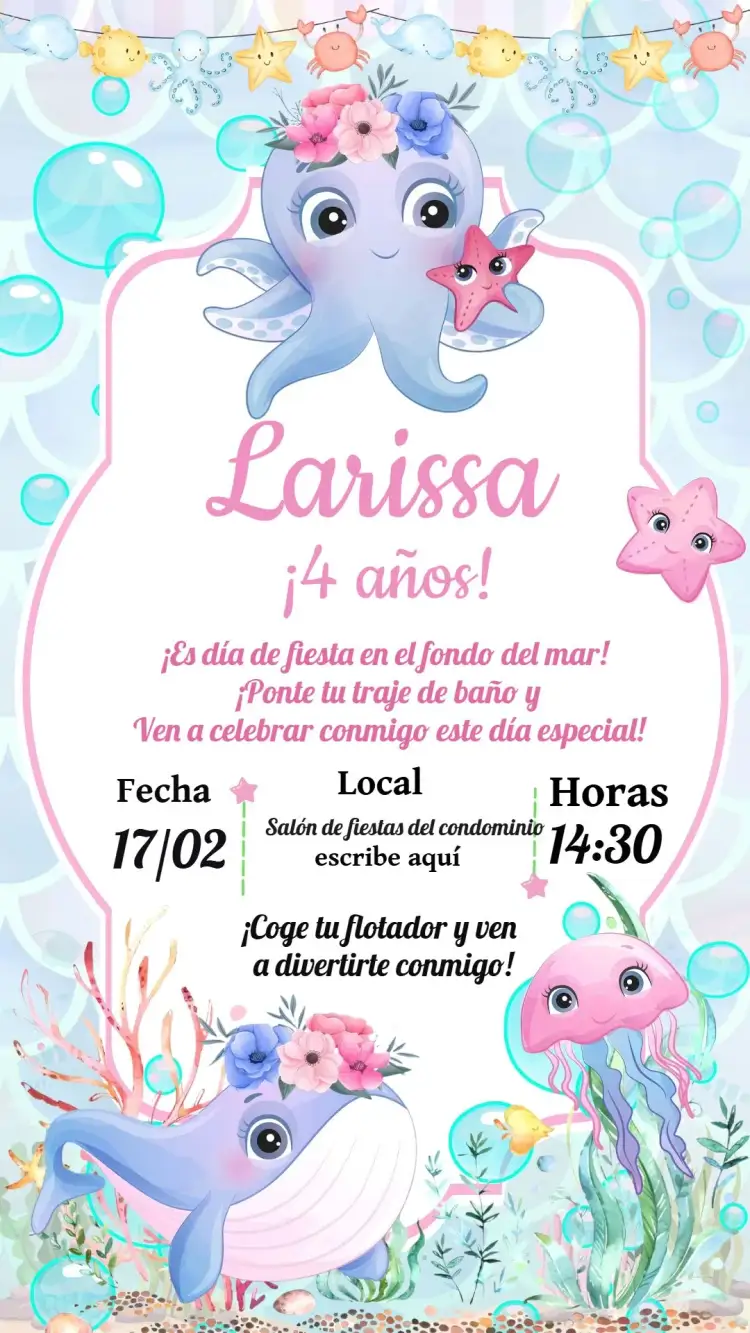 Invitación Fondo Del Mar Pulpo – tema Cumpleaños Infantil fondo marino, colores vibrantes, marítimo, ilustraciones lúdicas, estilo moderno