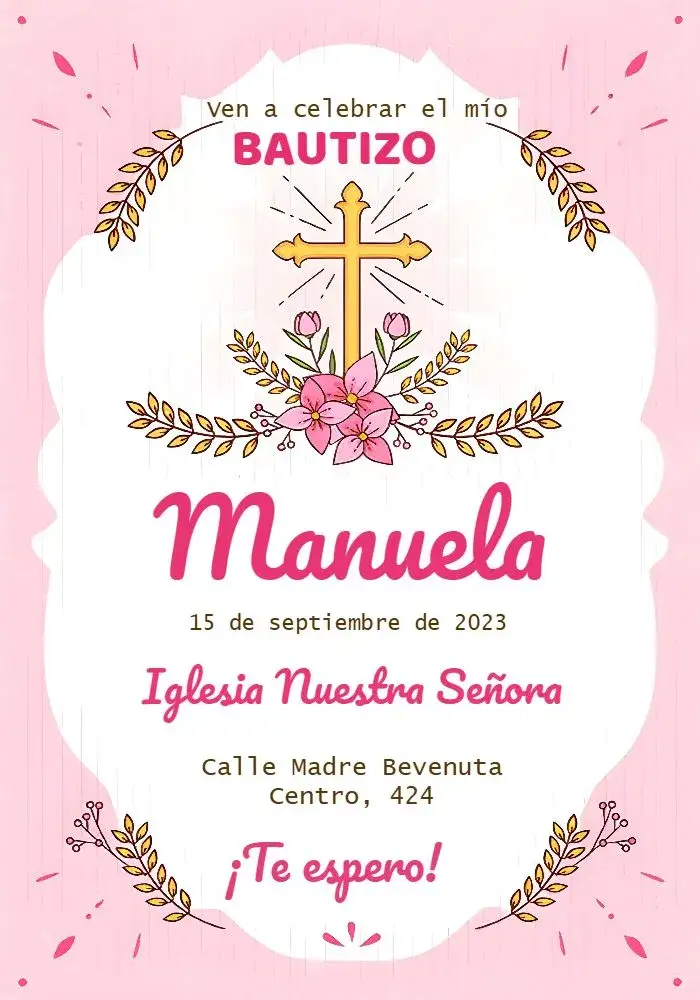 Invitación Bautizo Rosa Floral – tema Bautismo floral, rosa, delicado, romántico, moderno, infantil
