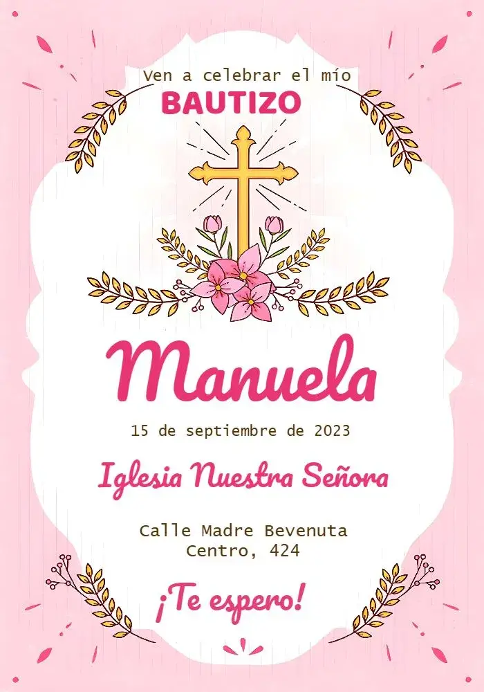 Invitación Bautizo Rosa Floral editable y personalizable