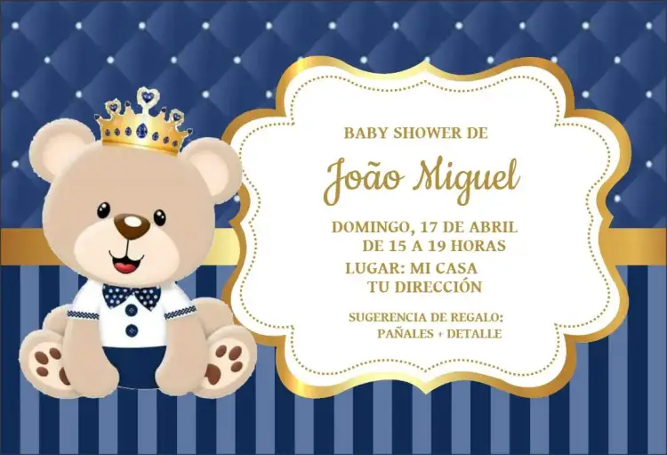 Invitación Baby Shower Príncipe Azul Marinho – tema Baby Shower azul marino, dorado, infantil, realeza, oso, moderno