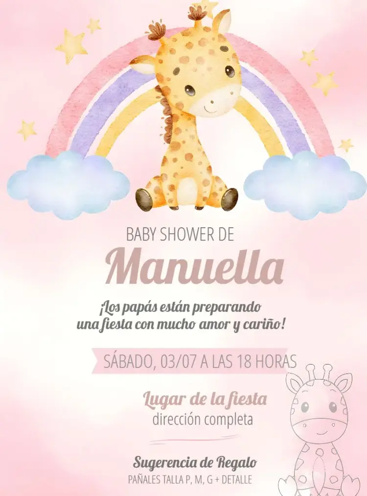 Invitación Baby Shower Giraffe Pink Rainbow Arch