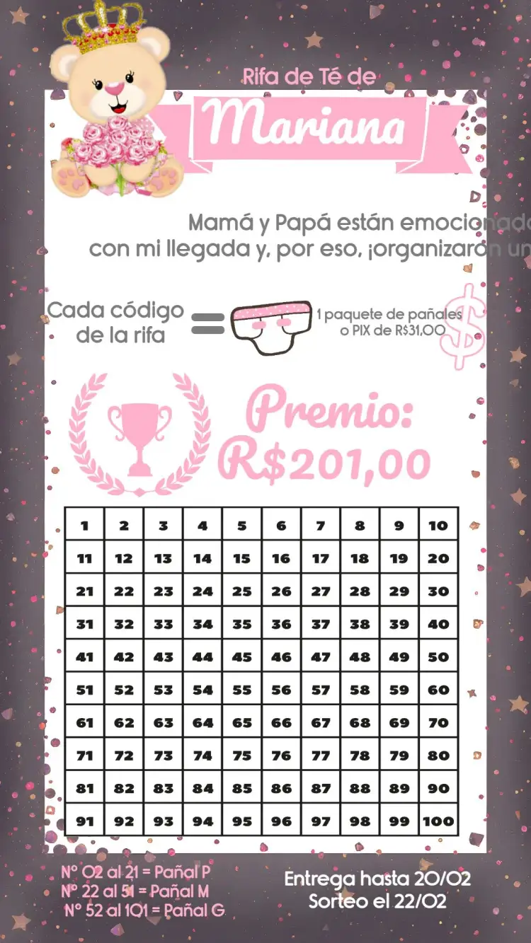 Invitación Té Rifa Osita Princesa Niña – tema Té Rifa rosa, blanco, infantil, princesa, osita, delicado