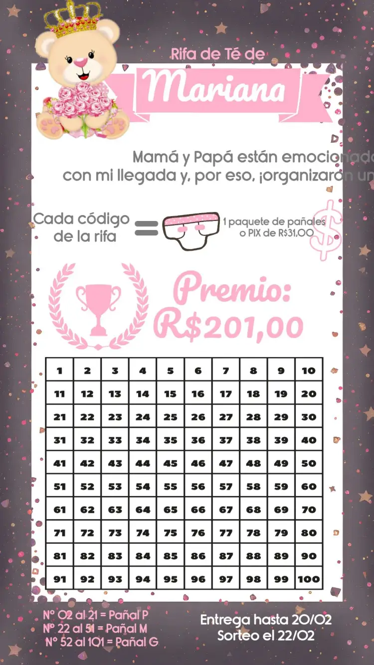 Invitación Té Rifa Osita Princesa Niña