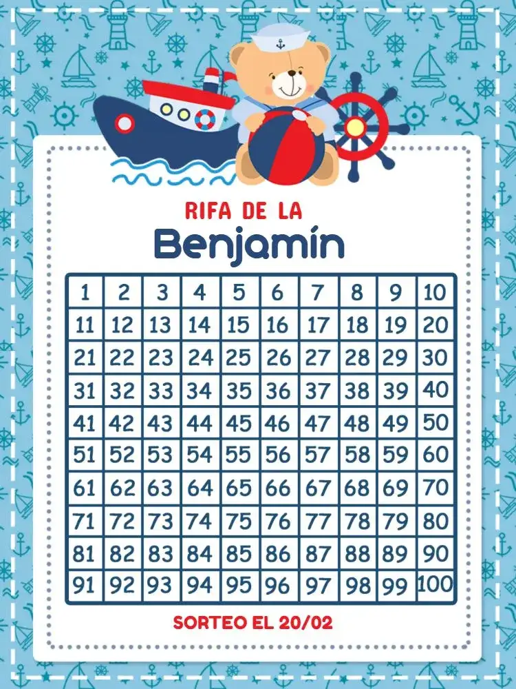 Invitación Té Rifa Osito Marinero Claro – tema Té Rifa marinero, adorable, azul claro, rojo, blanco