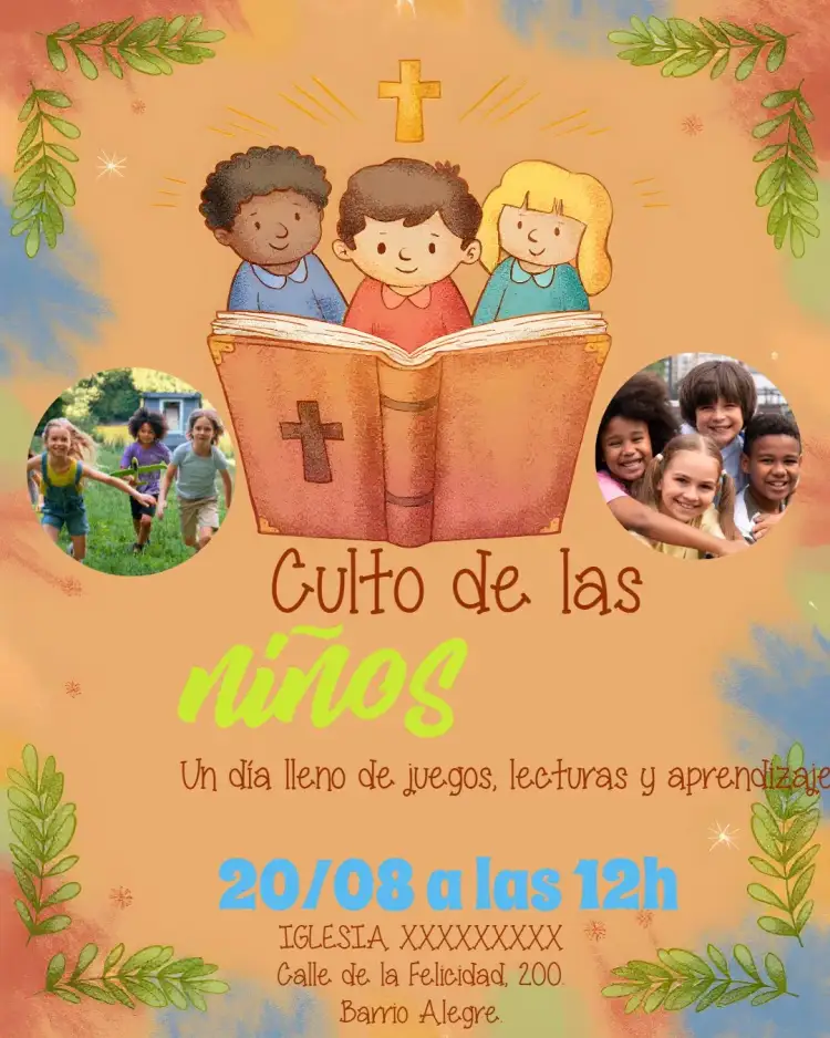 Invitación Arte Para Culto De Los Niños Con Foto Iglesia – tema Fechas Conmemorativas colorido, divertido, gospel, ilustraciones infantiles, vibrante, alegre