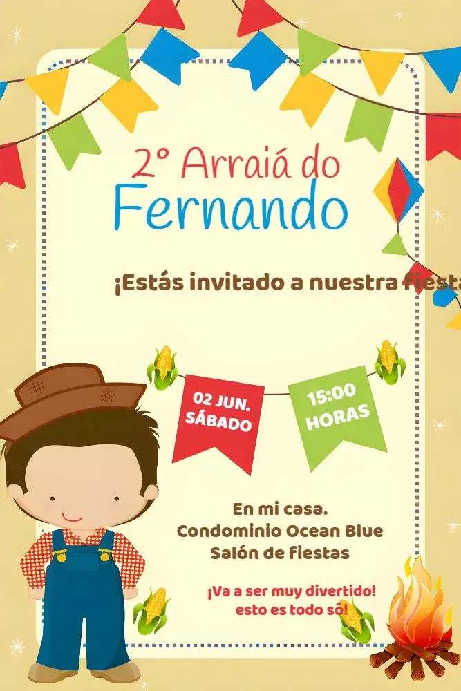 Invitación San Juan Arraiá Rojo – tema Fechas Conmemorativas colorido, vibrante, tradicional, festivo, rústico