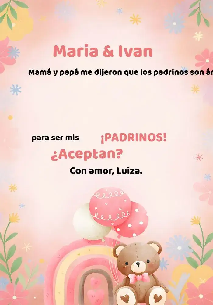 Invitación Para Padrinos Osita Bebé – tema Bautismo delicado, aquarela, rosa, infantil, fofo