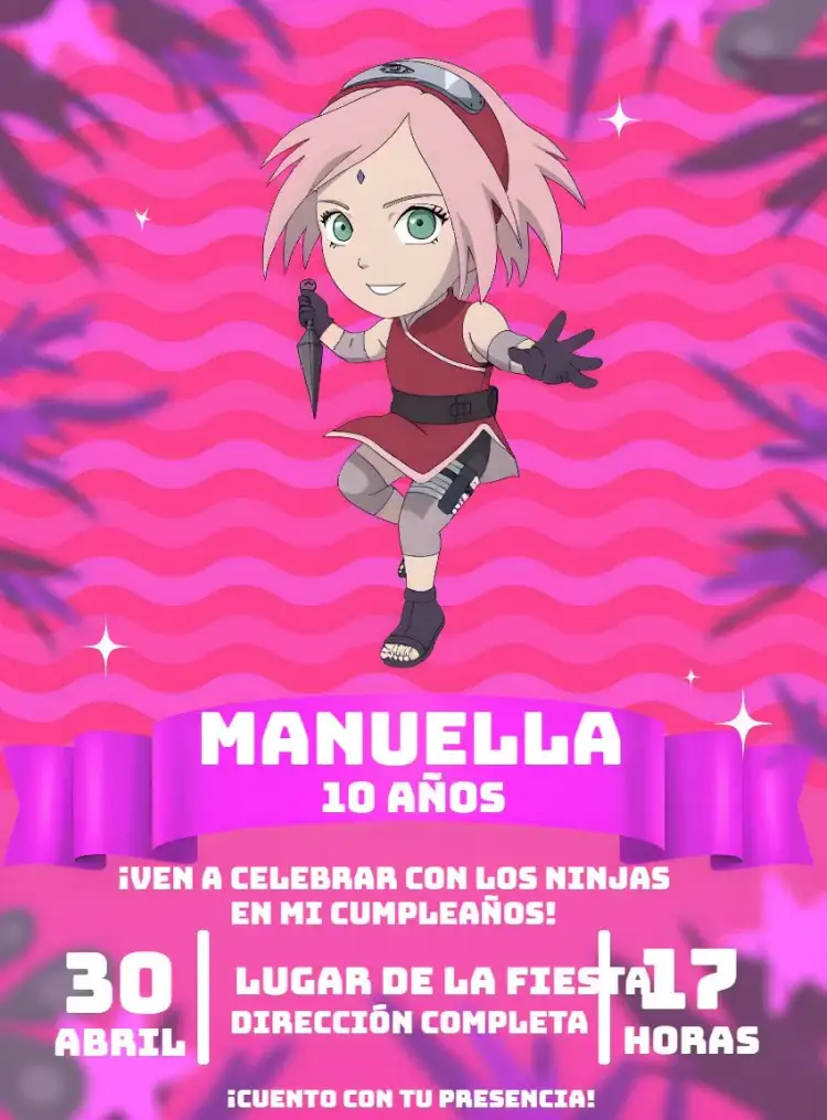 Invitación Sakura Chibi Anime – tema Cumpleaños Infantil colores suaves, estilo anime, elementos gráficos de dibujo, tema Sakura, diseño chibi, estética colorida
