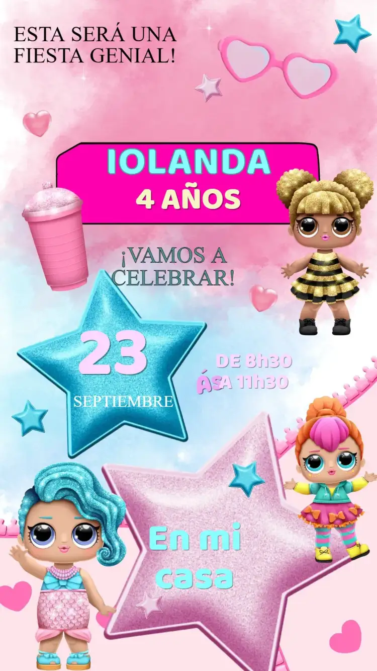 Invitación Invitación Cumpleaños Loll – tema Cumpleaños Infantil rosa, brillo, muñeca, moda, fantasía