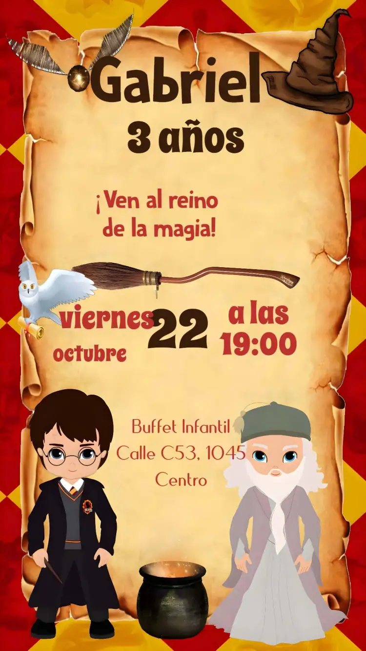 Invitación Harry Potter – tema Cumpleaños Infantil magia, fantasía, brujería, colores vibrantes, ilustraciones encantadoras, elementos del universo Harry Potter