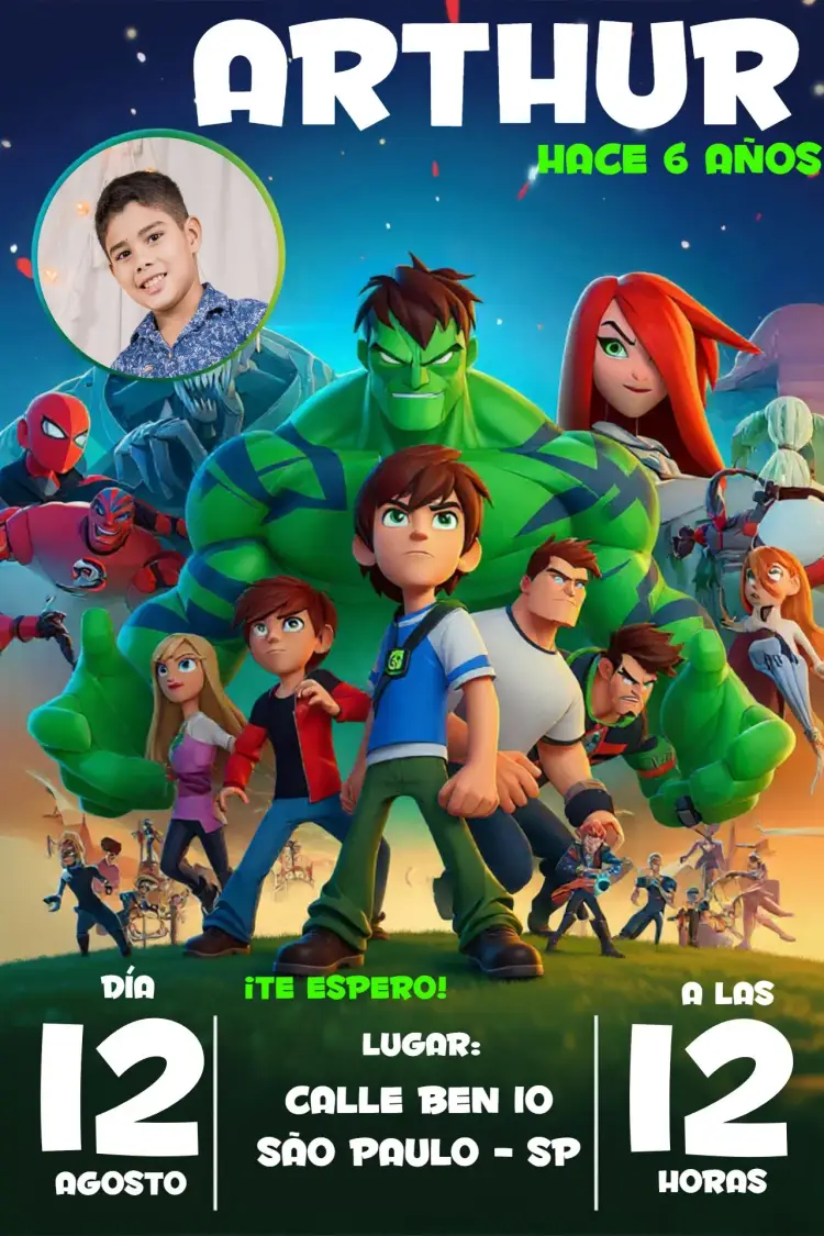 Invitación Ben 10 Con Foto Negro