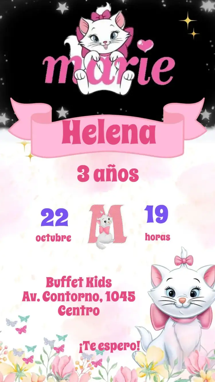 Invitación Gatita Marie – tema Cumpleaños Infantil delicado, colorido, femenino, divertido, infantil, temático