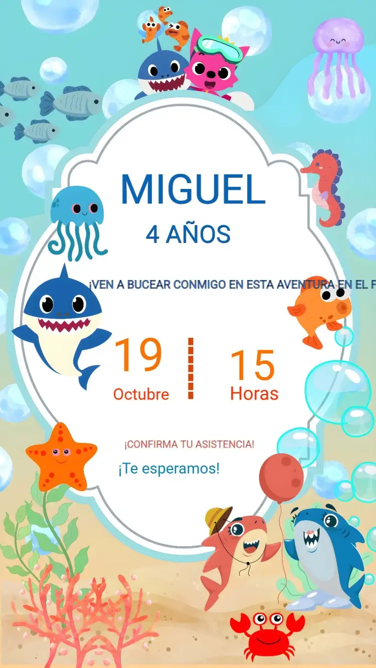 Invitación Fondo Del Mar Caballo – tema Cumpleaños Infantil azul marino, azul, vibrante, lúdico, colorido, temático