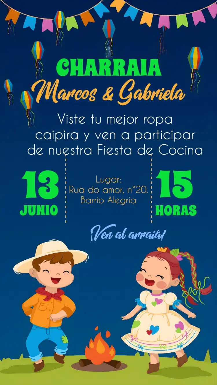 Invitación Charraiá Junino Arraia – tema Despedida de Soltera junino, caipira, colorido, tradicional, festivo, vibrante