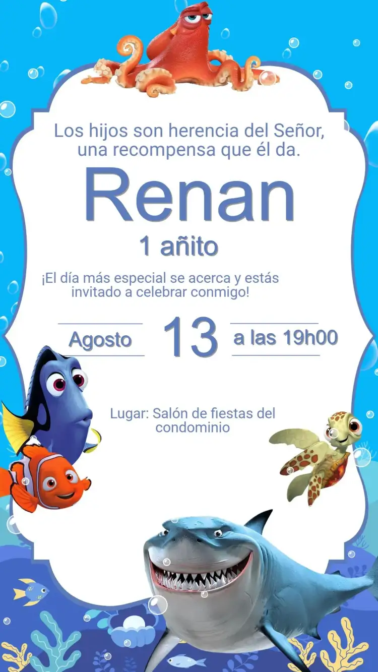 Invitación Invitación Cumpleaños Buscando a Nemo – tema Cumpleaños Infantil colores vibrantes, estilo lúdico, elementos marinos, ilustraciones de personajes, diseño divertido, tema acuático