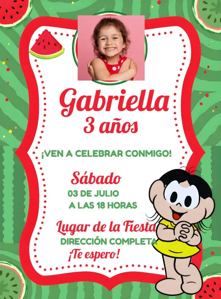 Invitación Magali Turma Da Mônica Con Foto Sandía – tema Cumpleaños Infantil colorido, divertido, ilustraciones infantiles, frutas, lúdico, temática de personajes